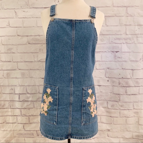 Topshop | Dresses | Topshop Embroidered Denim Pinafore | Poshmark